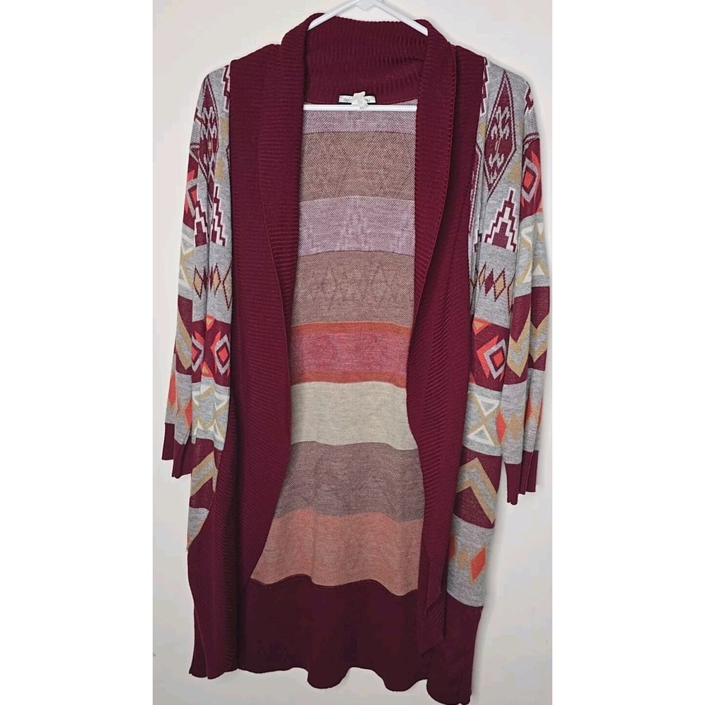 Allison Brittney Cardigan 1X Plus Red Longline Open Front Aztec Southwestern‎